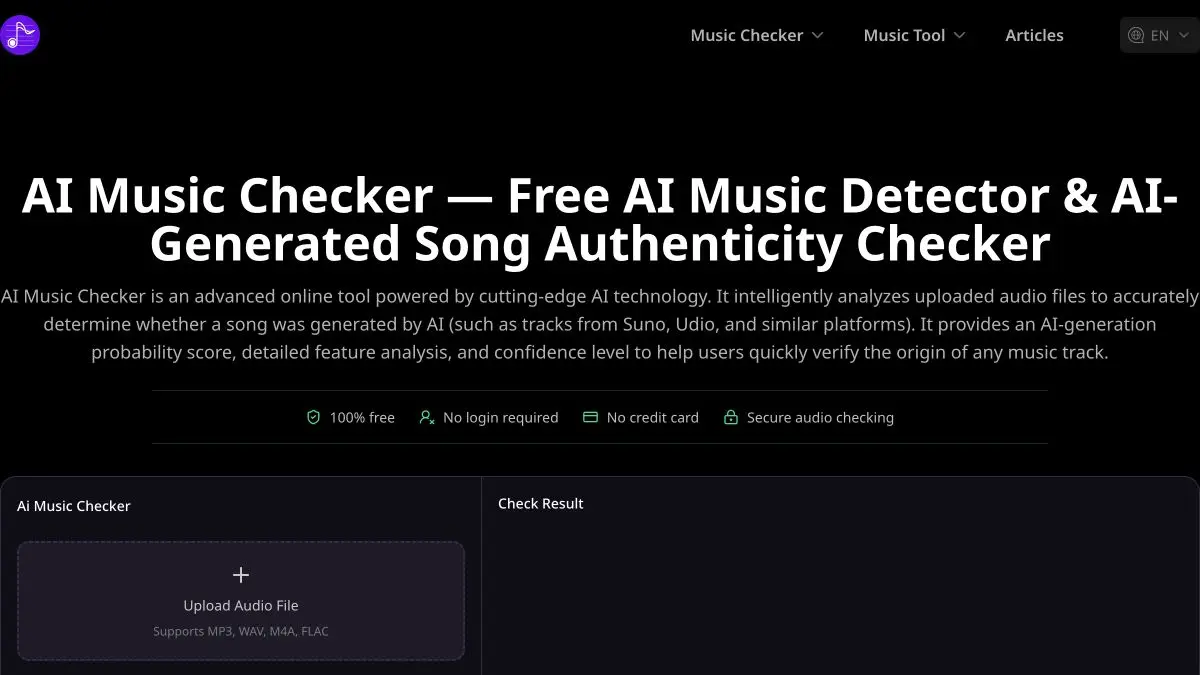 Vista previa de la página de inicio de AI Music Checker