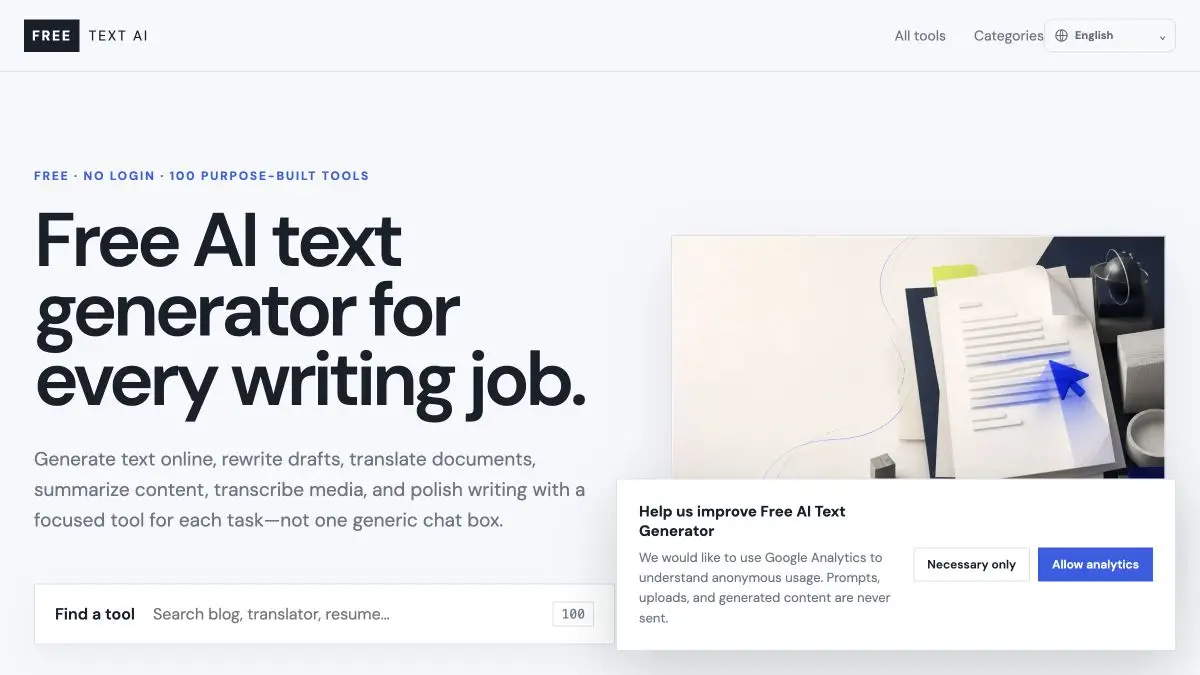 Vista previa de la página de inicio de Free AI Generator