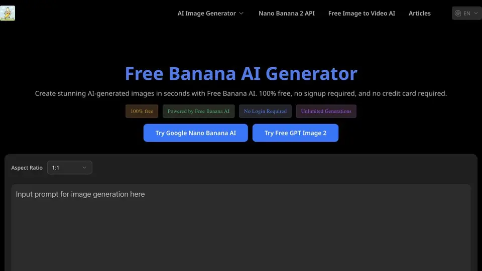 Vista previa de la página de inicio de Free Banana AI