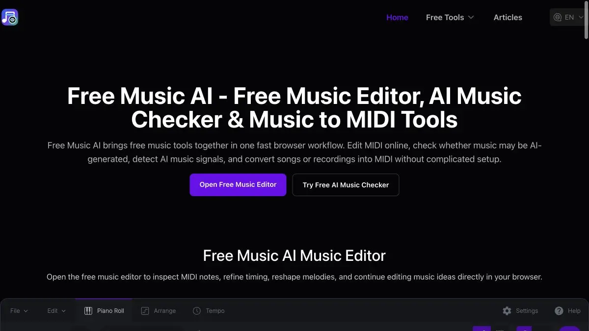 Vista previa de la página de inicio de Free Music AI