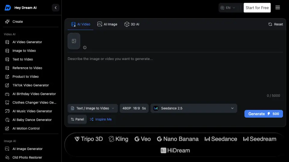 Vista previa de la página de inicio de HeyDream AI