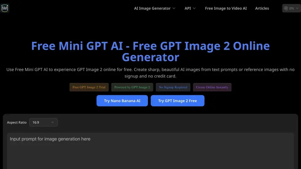 Vista previa de la página de inicio de Free Mini GPT AI