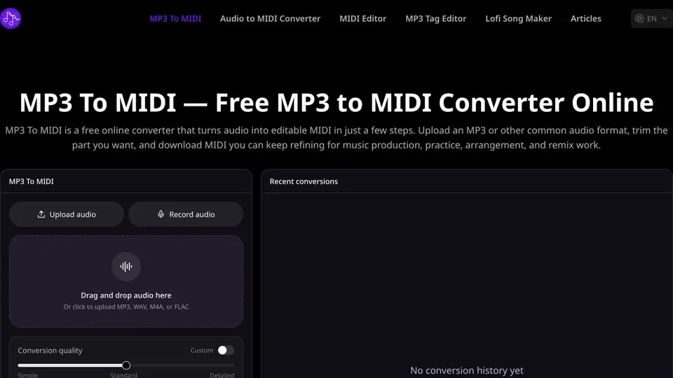 Vista previa de la página de inicio de MP3 to MIDI
