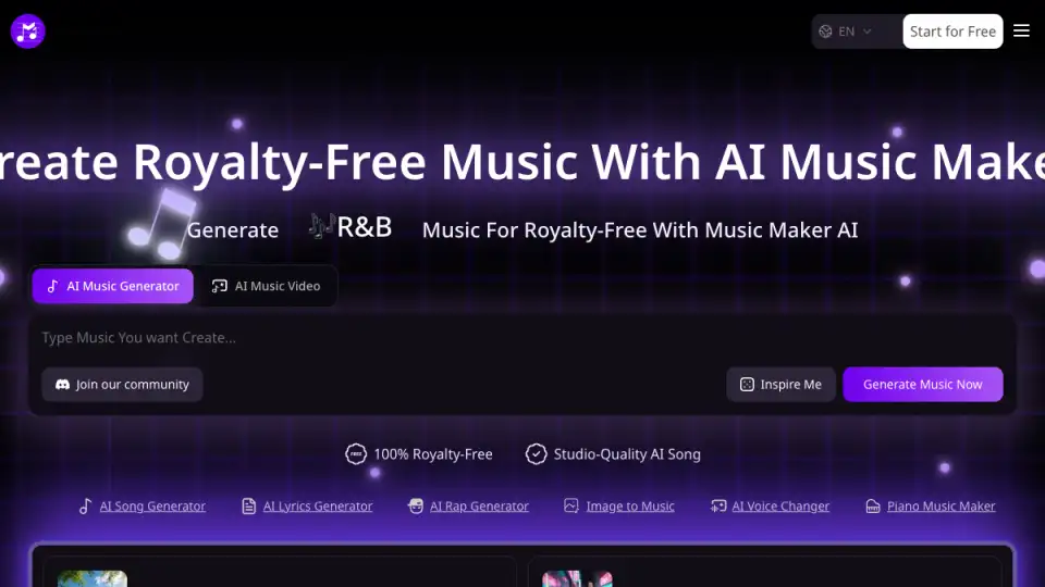 Vista previa de la página de inicio de AI Music Maker