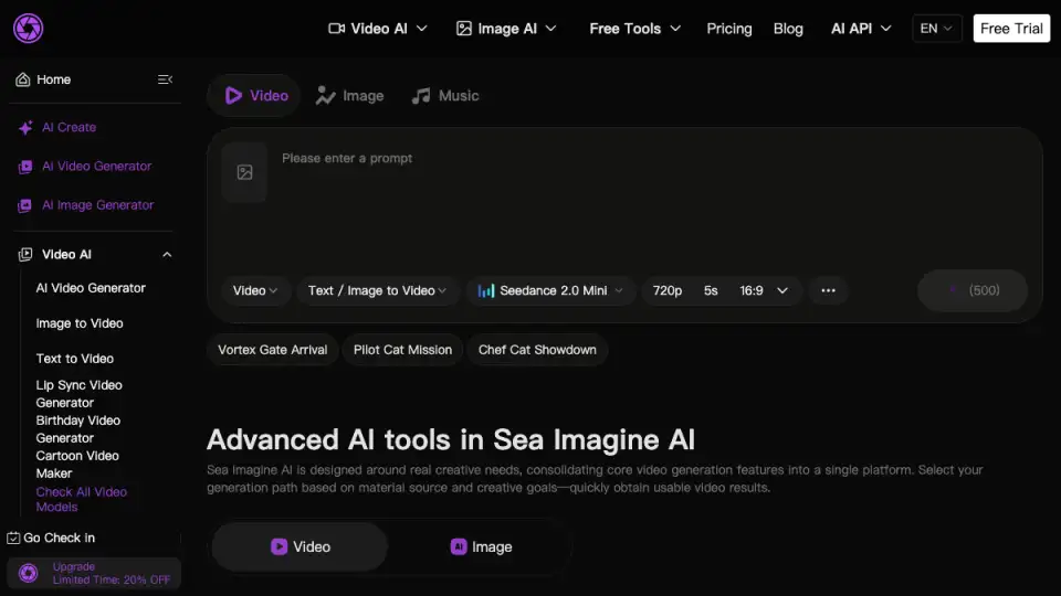 Vista previa de la página de inicio de Sea Imagine AI