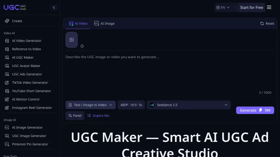 Vista previa de la página de inicio de UGC Maker