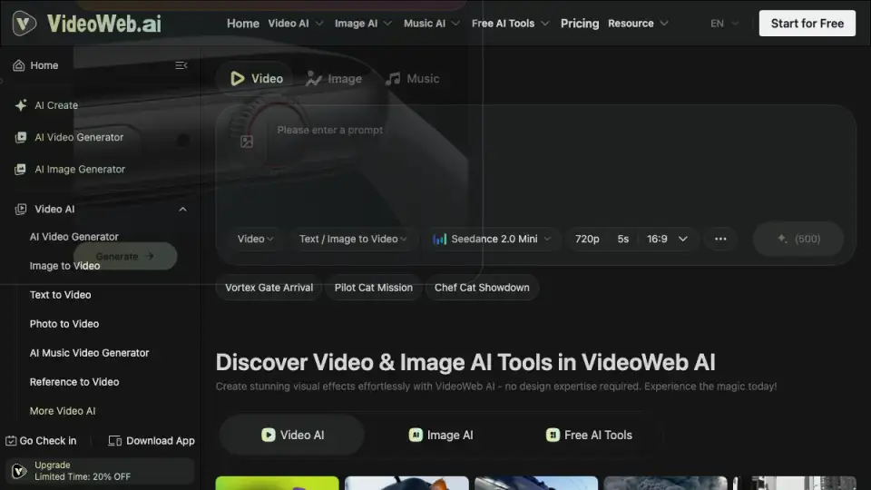 Vista previa de la página de inicio de VideoWeb AI