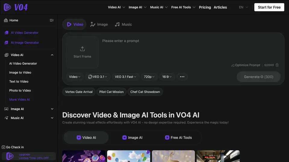 Vista previa de la página de inicio de VO4 AI